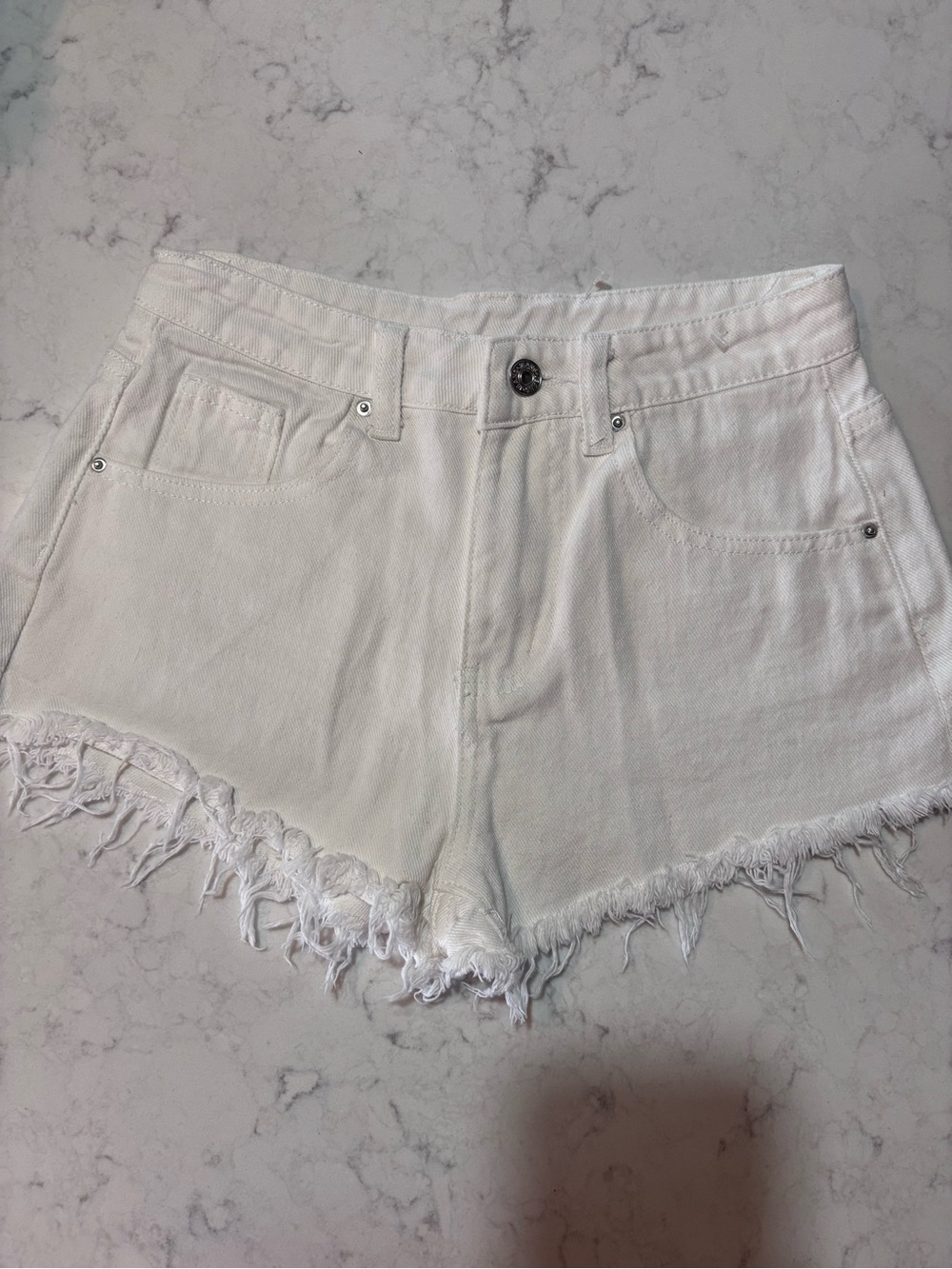 Women's White Distressed Hem Denim Shorts